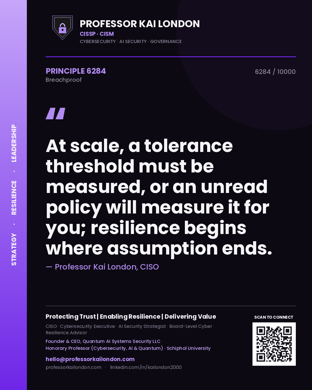 Quote card by Professor Kai London reading 'At scale, a tolerance threshold must be measured, or an unread policy will measure it for you; resilience begins where assumption ends.'. From the book Breachproof.