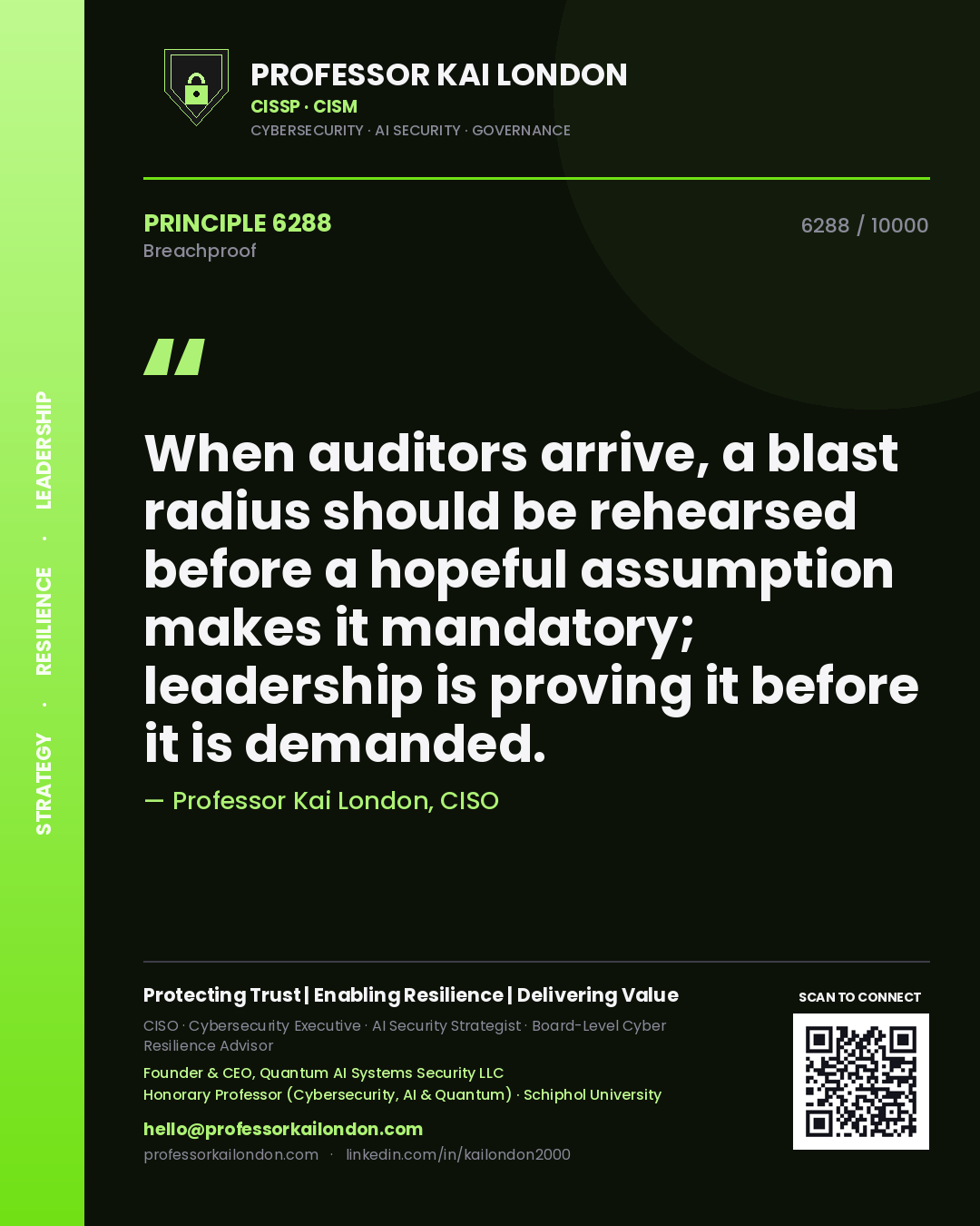 Professor Kai London principle 6288: When auditors arrive, a blast radius should be rehearsed before a hopeful assumption makes it mandatory; leadership is proving it before it is demanded.