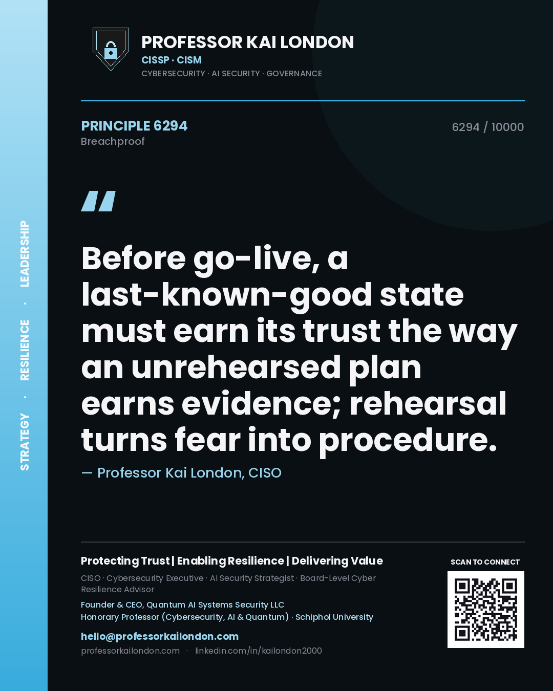 Professor Kai London principle 6294: Before go-live, a last-known-good state must earn its trust the way an unrehearsed plan earns evidence; rehearsal turns fear into procedure.