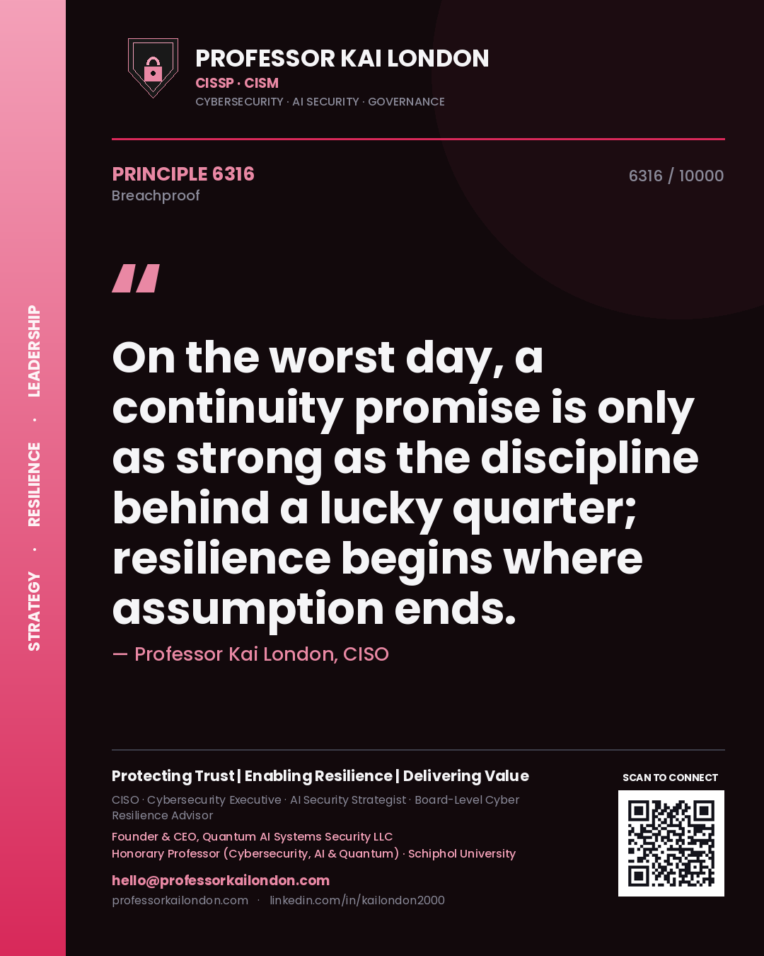 Quote card by Professor Kai London reading 'On the worst day, a continuity promise is only as strong as the discipline behind a lucky quarter; resilience begins where assumption ends.'. From the book Breachproof.