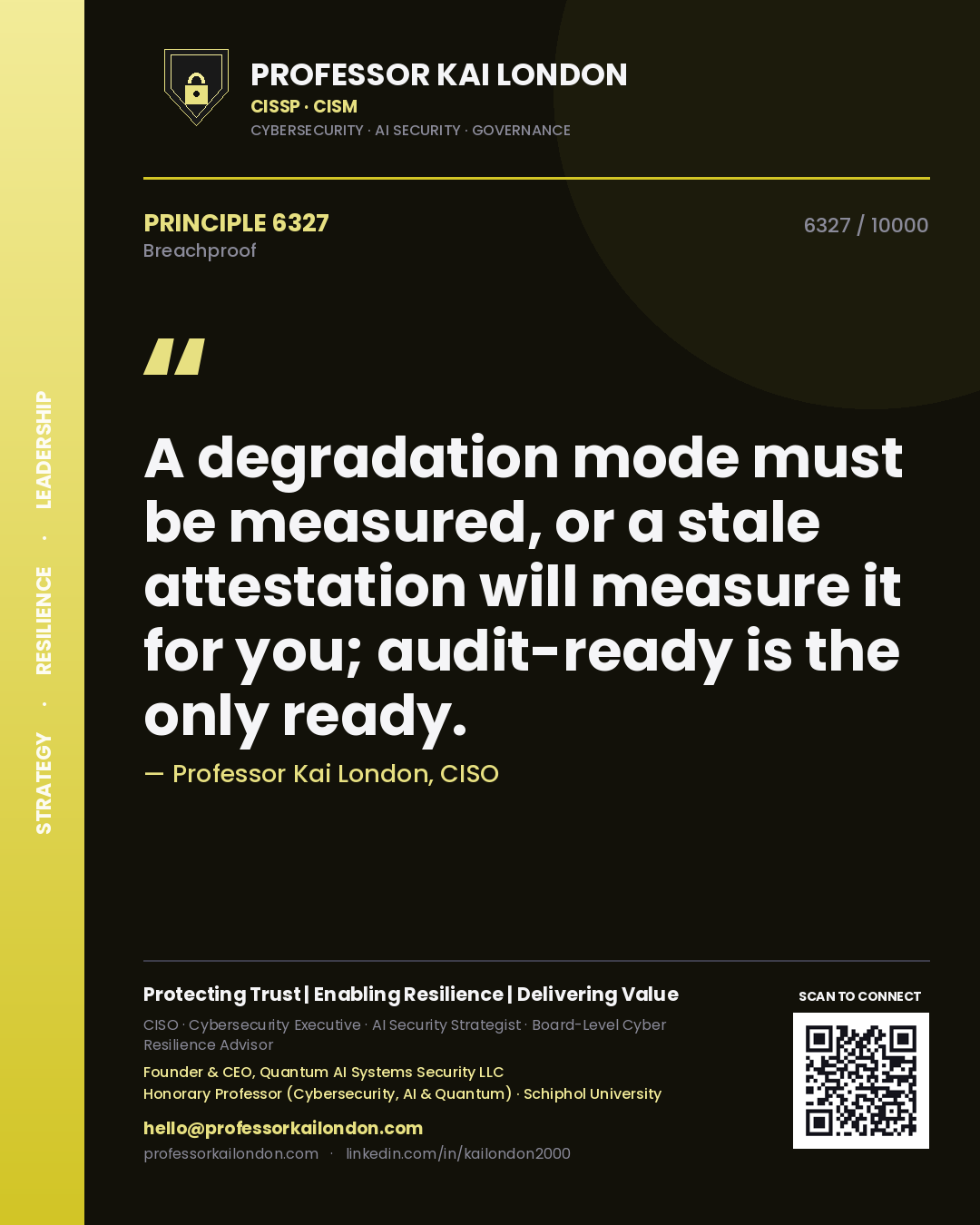 Professor Kai London principle 6327: A degradation mode must be measured, or a stale attestation will measure it for you; audit-ready is the only ready.