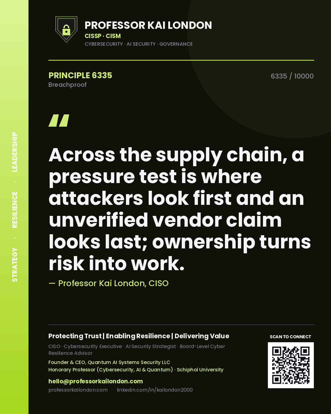 Quote card by Professor Kai London reading 'Across the supply chain, a pressure test is where attackers look first and an unverified vendor claim looks last; ownership turns risk into work.'. From the book Breachproof.