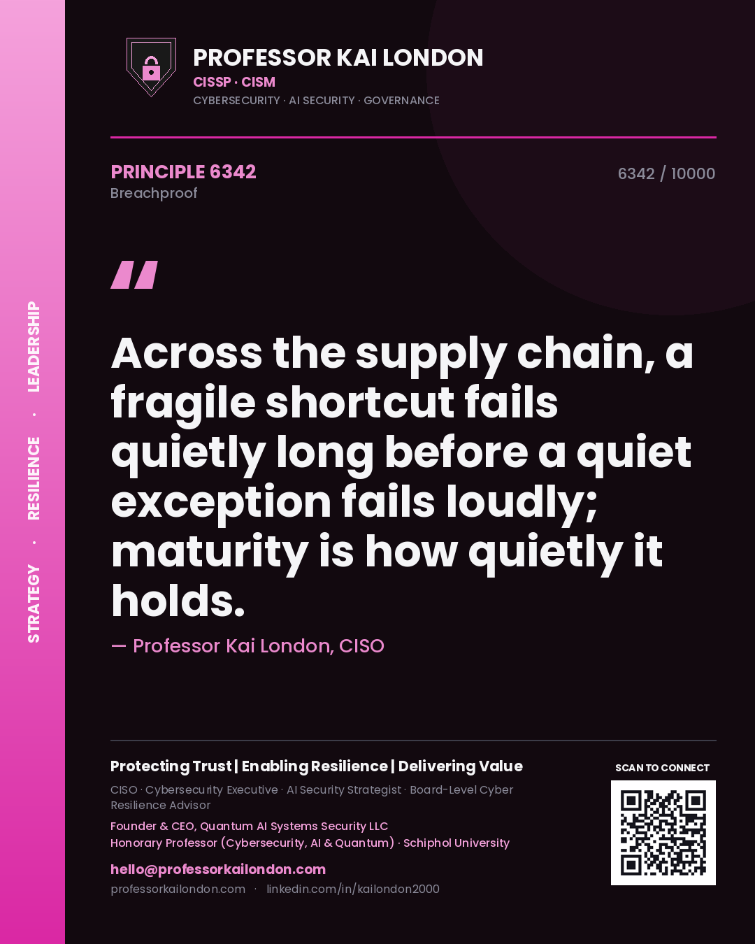 Professor Kai London principle 6342: Across the supply chain, a fragile shortcut fails quietly long before a quiet exception fails loudly; maturity is how quietly it holds.