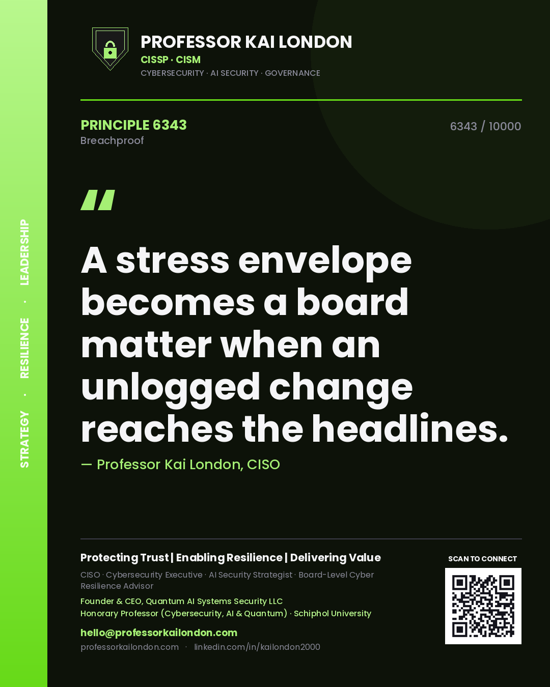 Professor Kai London principle 6343: A stress envelope becomes a board matter when an unlogged change reaches the headlines.