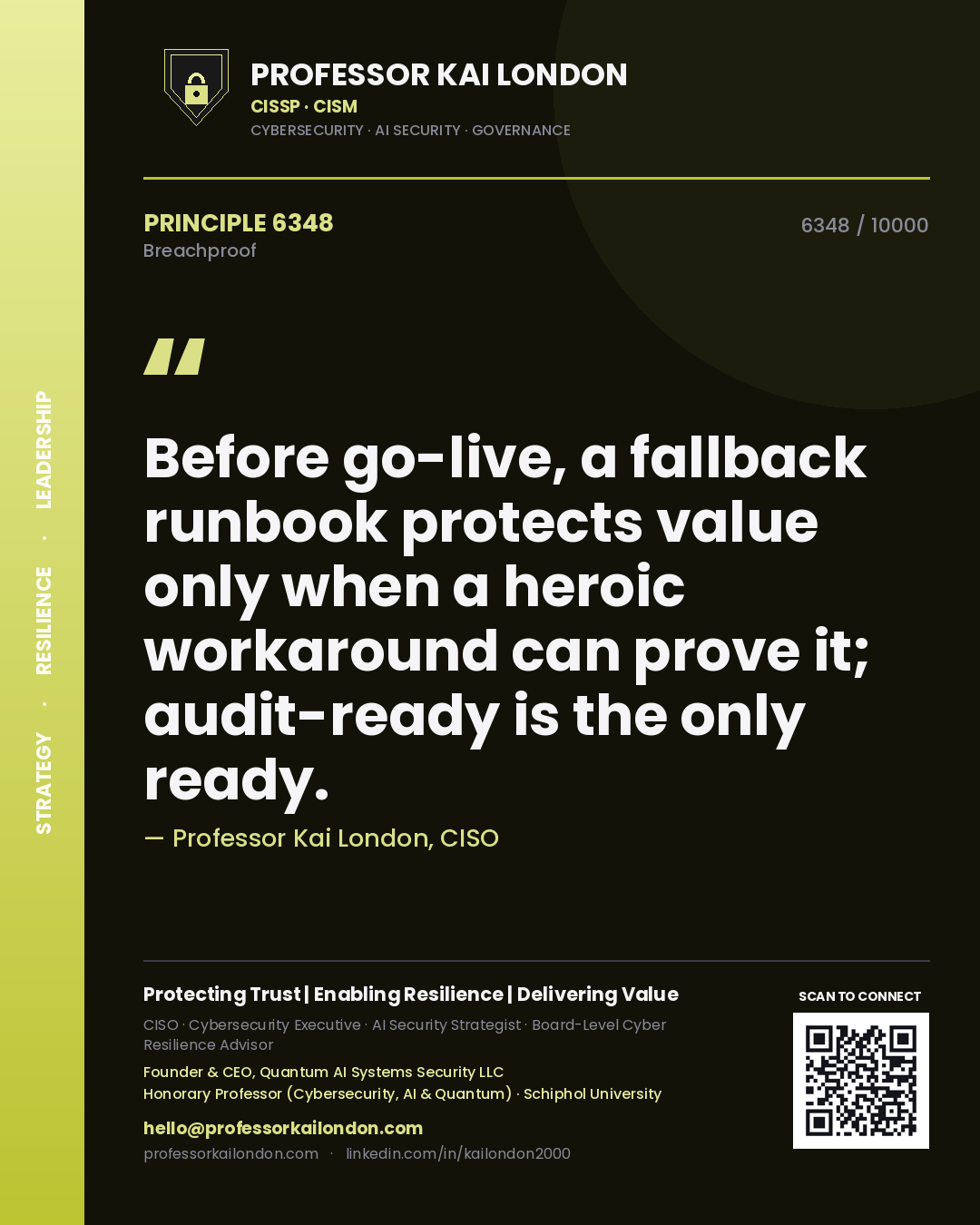 Professor Kai London principle 6348: Before go-live, a fallback runbook protects value only when a heroic workaround can prove it; audit-ready is the only ready.