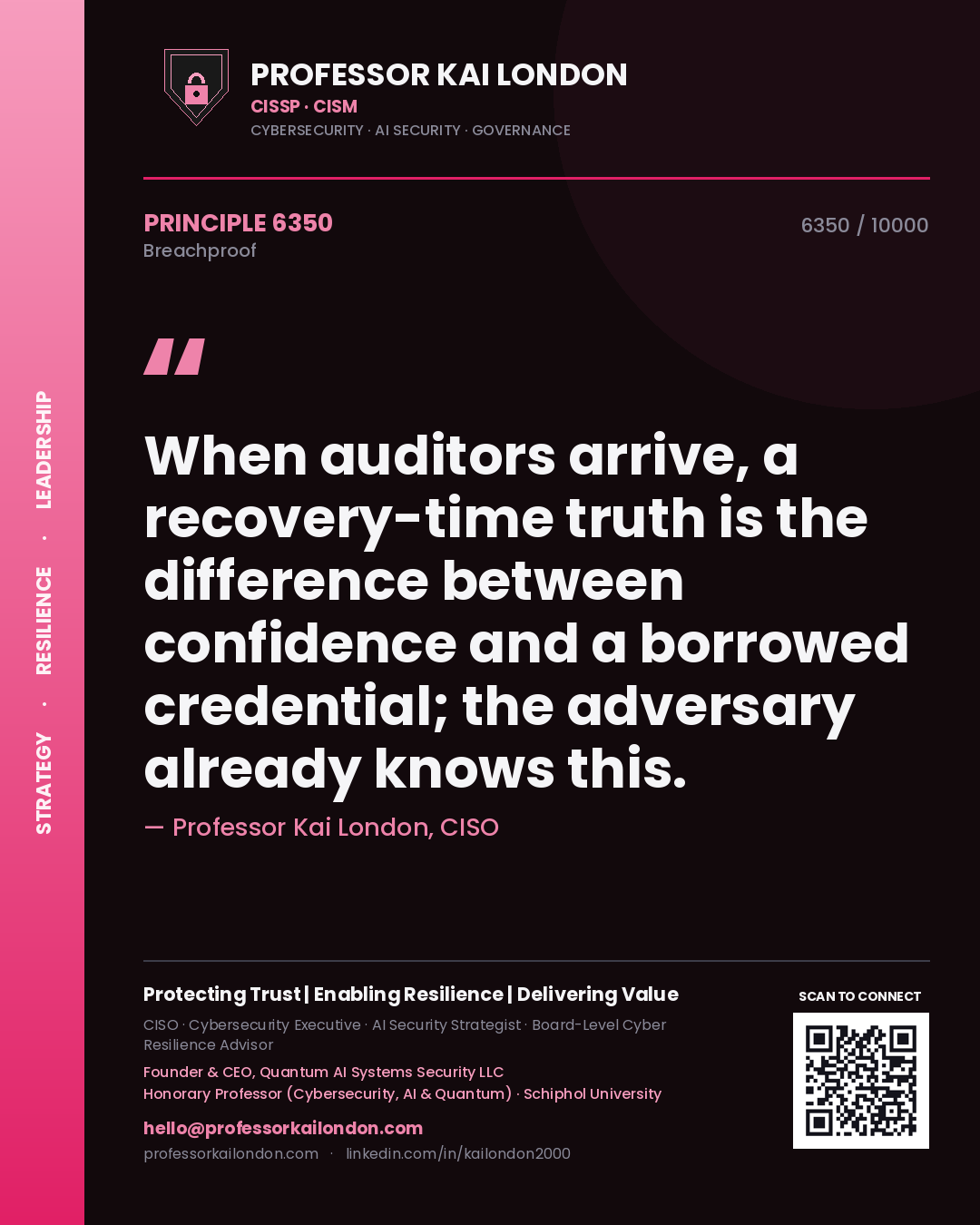 Professor Kai London principle 6350: When auditors arrive, a recovery-time truth is the difference between confidence and a borrowed credential; the adversary already knows this.