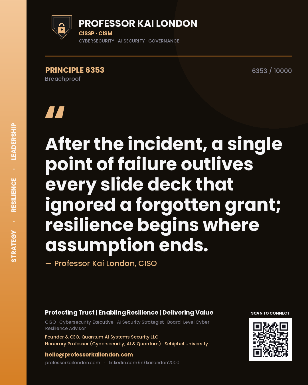 Quote card by Professor Kai London reading 'After the incident, a single point of failure outlives every slide deck that ignored a forgotten grant; resilience begins where assumption ends.'. From the book Breachproof.
