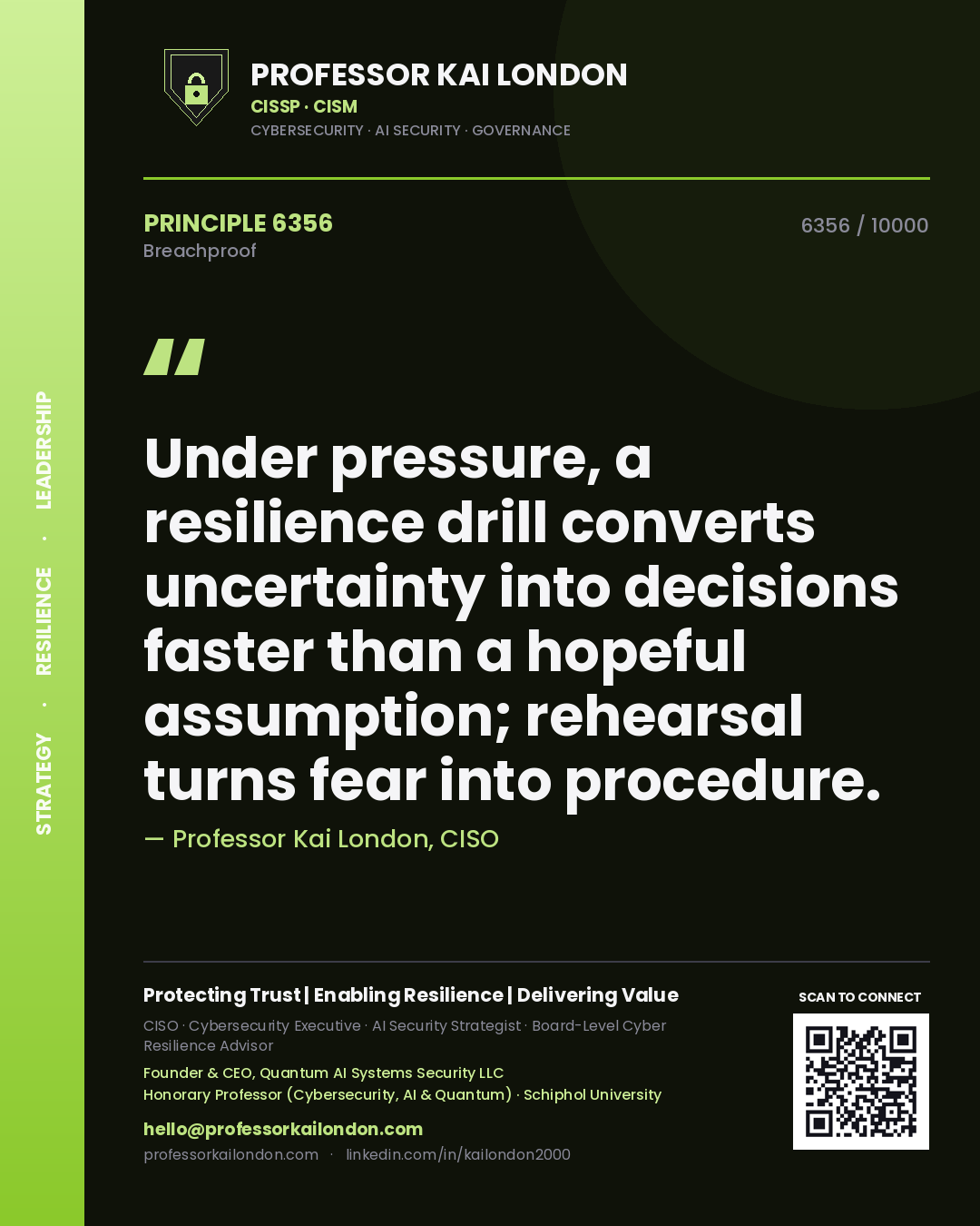 Professor Kai London principle 6356: Under pressure, a resilience drill converts uncertainty into decisions faster than a hopeful assumption; rehearsal turns fear into procedure.