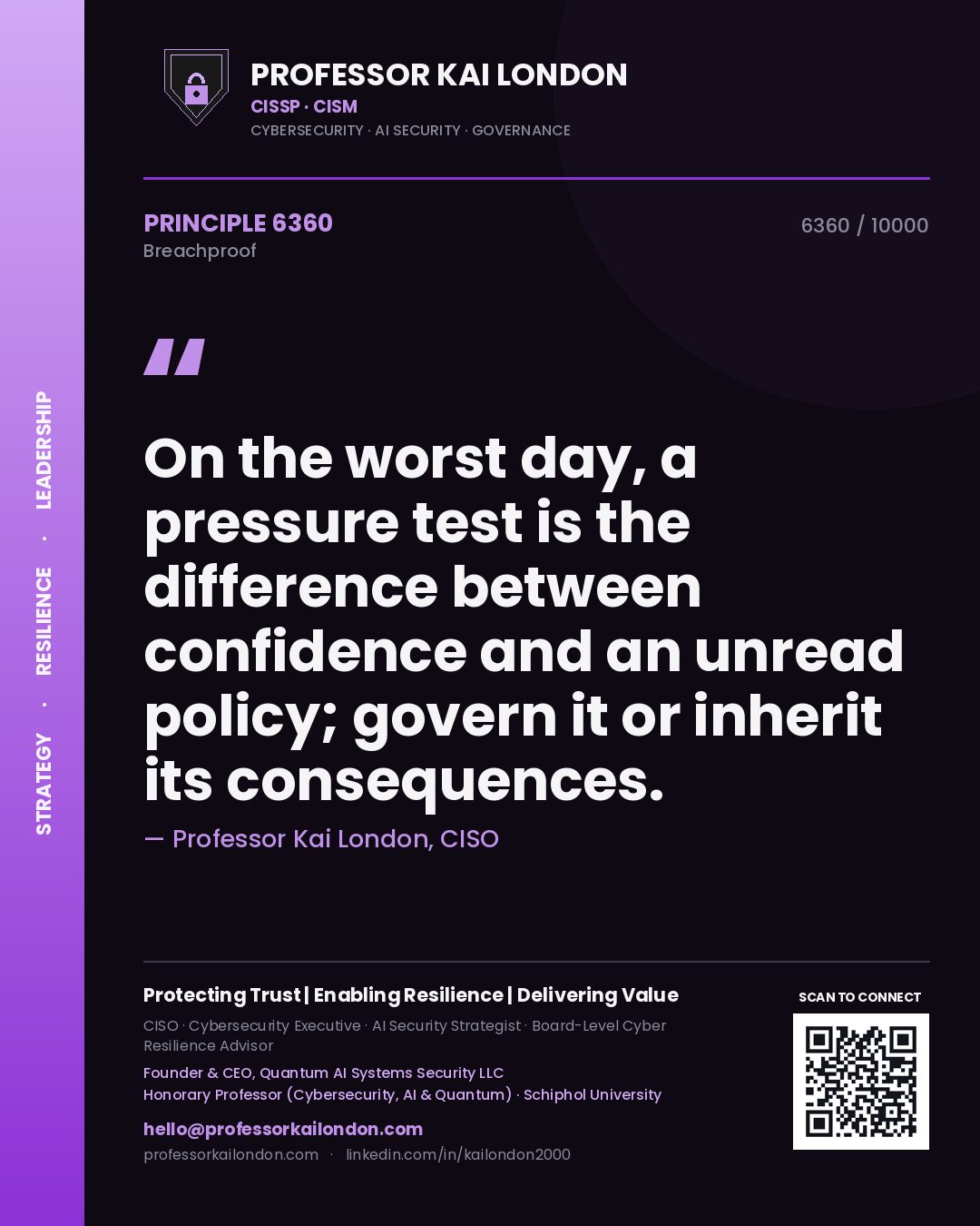 Professor Kai London principle 6360: On the worst day, a pressure test is the difference between confidence and an unread policy; govern it or inherit its consequences.