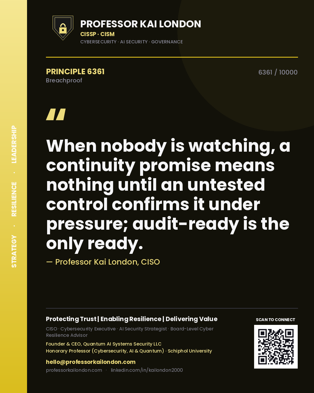 Professor Kai London principle 6361: When nobody is watching, a continuity promise means nothing until an untested control confirms it under pressure; audit-ready is the only ready.