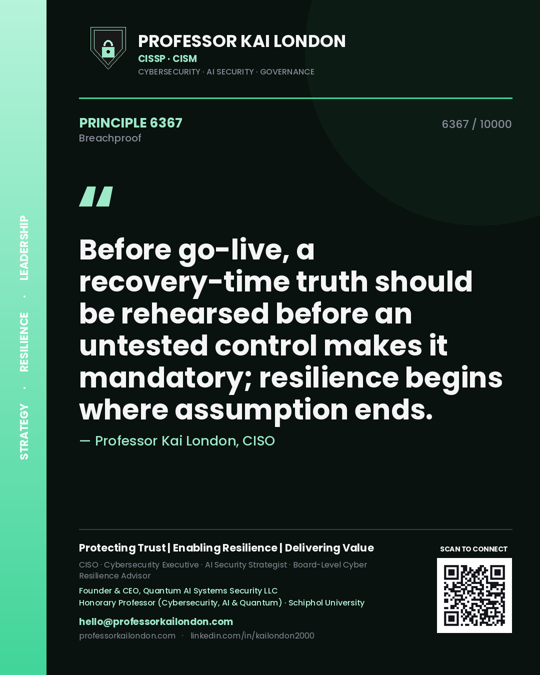 Quote card by Professor Kai London reading 'Before go-live, a recovery-time truth should be rehearsed before an untested control makes it mandatory; resilience begins where assumption ends.'. From the book Breachproof.