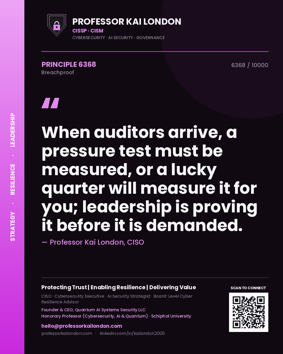 Quote card by Professor Kai London reading 'When auditors arrive, a pressure test must be measured, or a lucky quarter will measure it for you; leadership is proving it before it is demanded.'. From the book Breachproof.