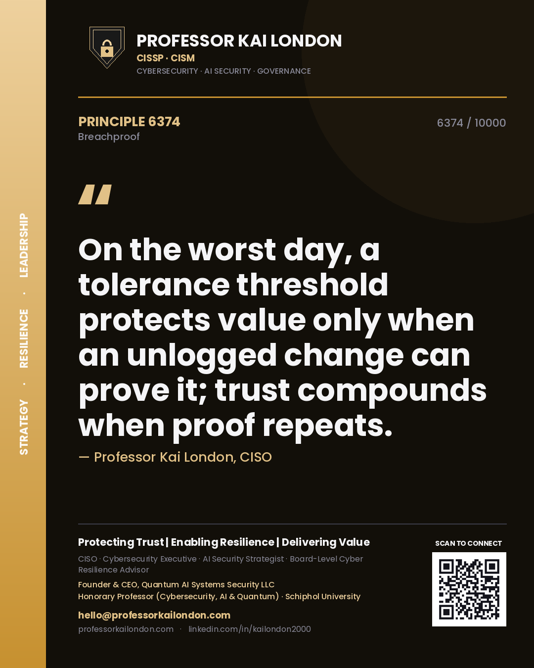 Professor Kai London principle 6374: On the worst day, a tolerance threshold protects value only when an unlogged change can prove it; trust compounds when proof repeats.