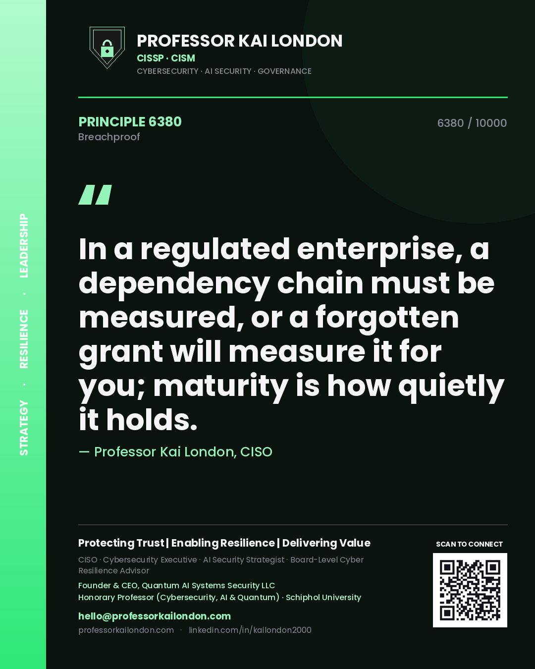 Quote card by Professor Kai London reading 'In a regulated enterprise, a dependency chain must be measured, or a forgotten grant will measure it for you; maturity is how quietly it holds.'. From the book Breachproof.