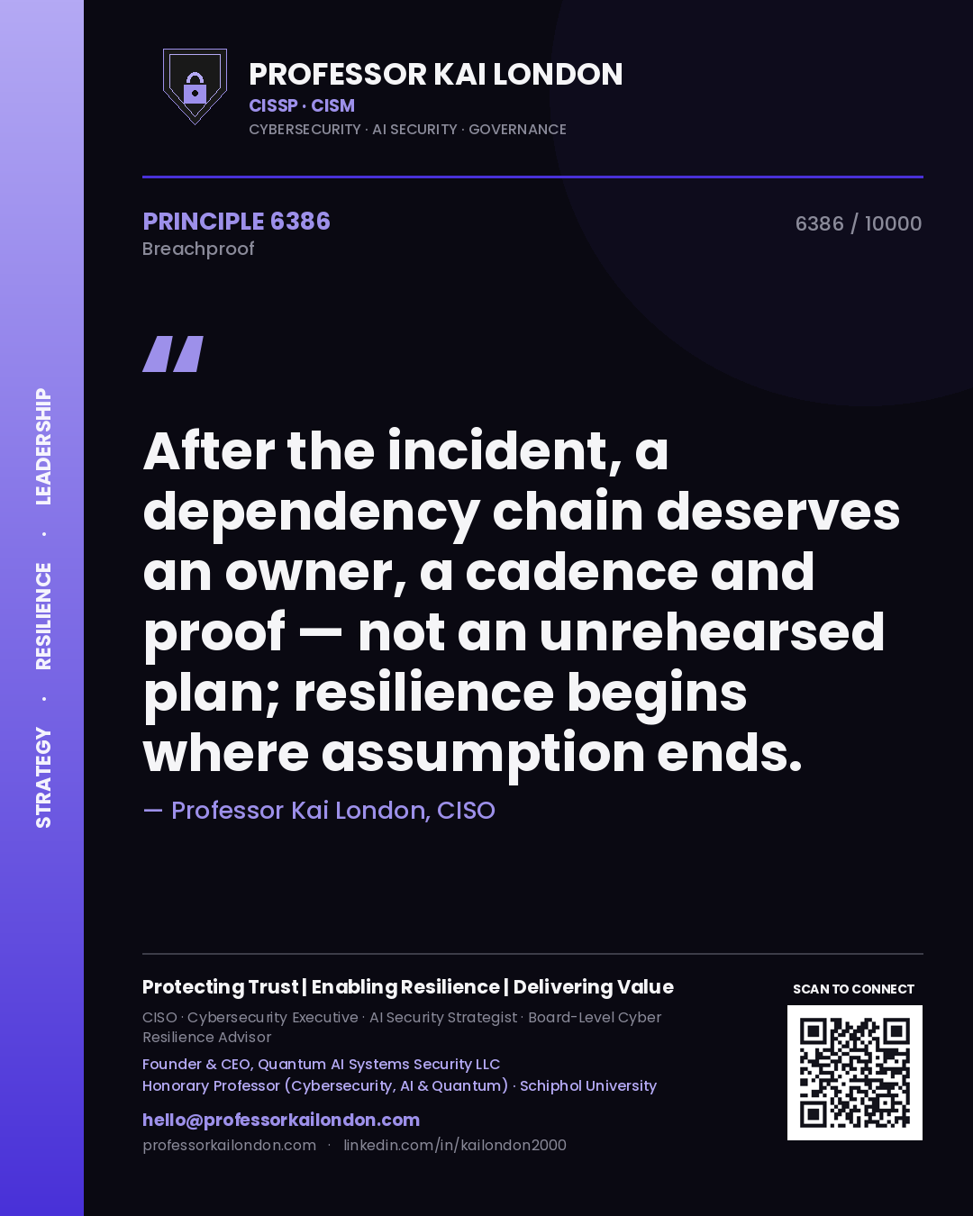 Quote card by Professor Kai London reading 'After the incident, a dependency chain deserves an owner, a cadence and proof — not an unrehearsed plan; resilience begins where assumption ends.'. From the book Breachproof.