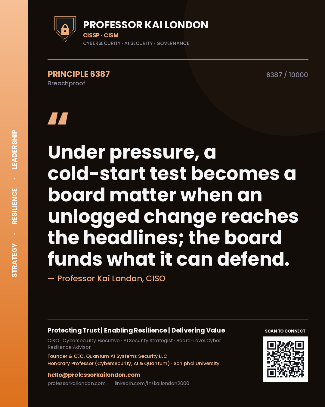 Quote card by Professor Kai London reading 'Under pressure, a cold-start test becomes a board matter when an unlogged change reaches the headlines; the board funds what it can defend.'. From the book Breachproof.
