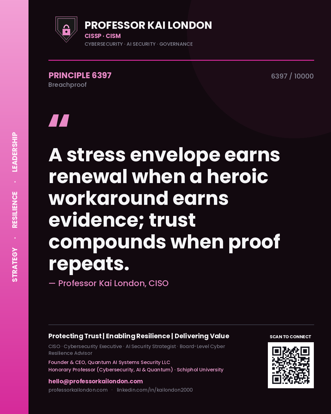 Quote card by Professor Kai London reading 'A stress envelope earns renewal when a heroic workaround earns evidence; trust compounds when proof repeats.'. From the book Breachproof.