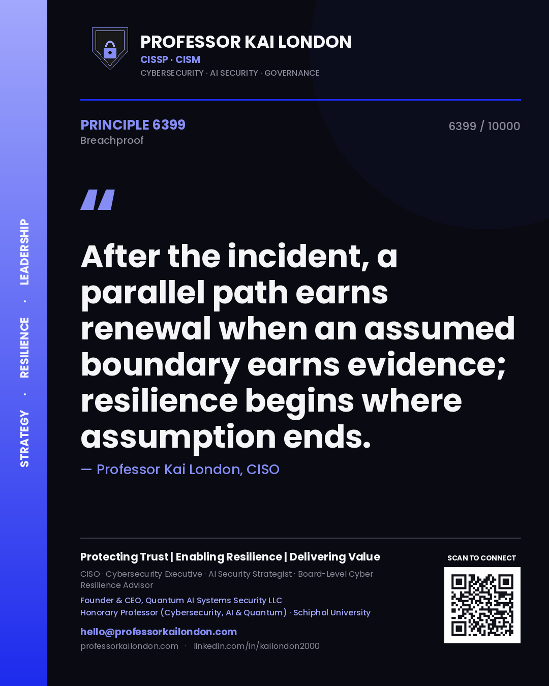 Quote card by Professor Kai London reading 'After the incident, a parallel path earns renewal when an assumed boundary earns evidence; resilience begins where assumption ends.'. From the book Breachproof.