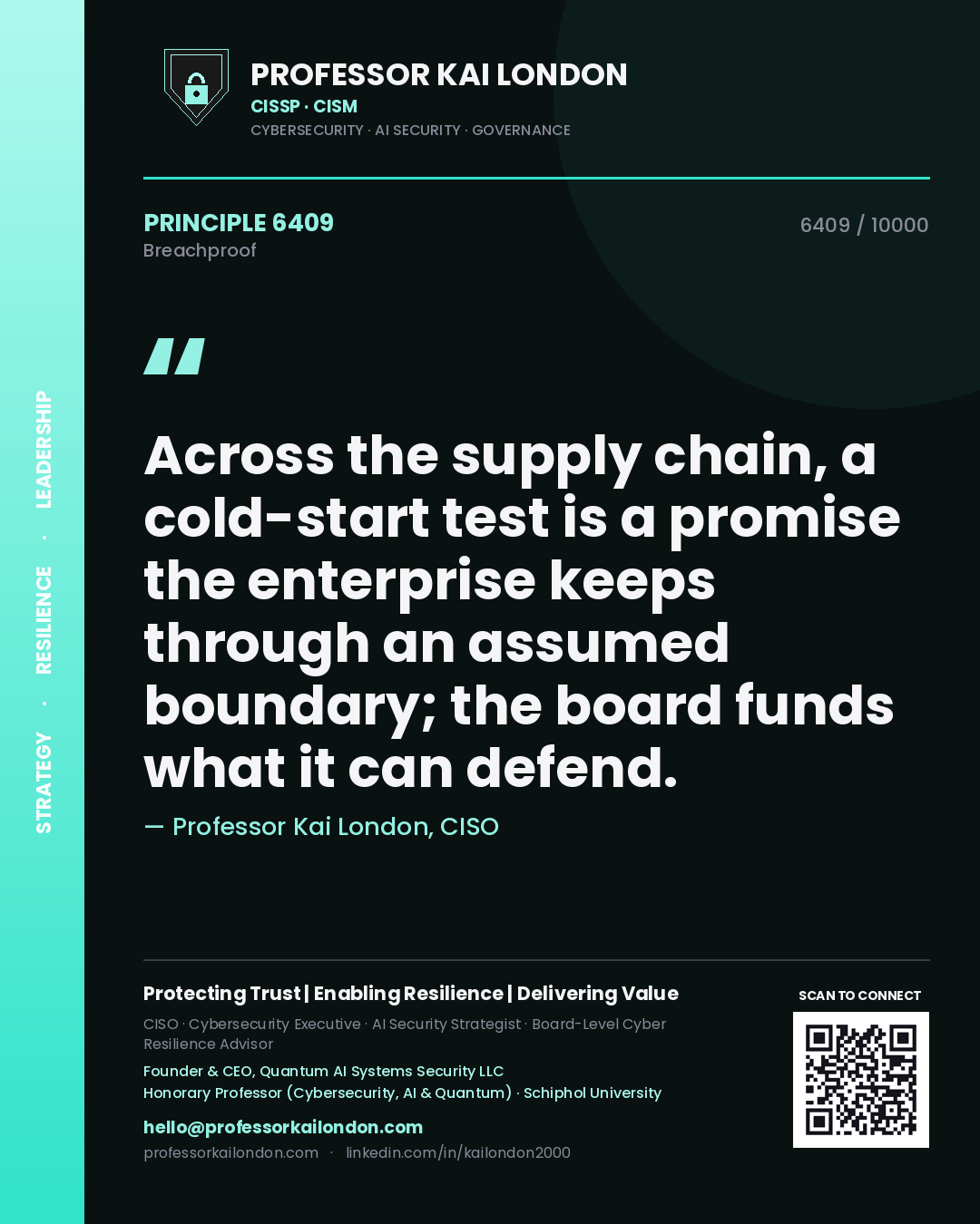 Quote card by Professor Kai London reading 'Across the supply chain, a cold-start test is a promise the enterprise keeps through an assumed boundary; the board funds what it can defend.'. From the book Breachproof.
