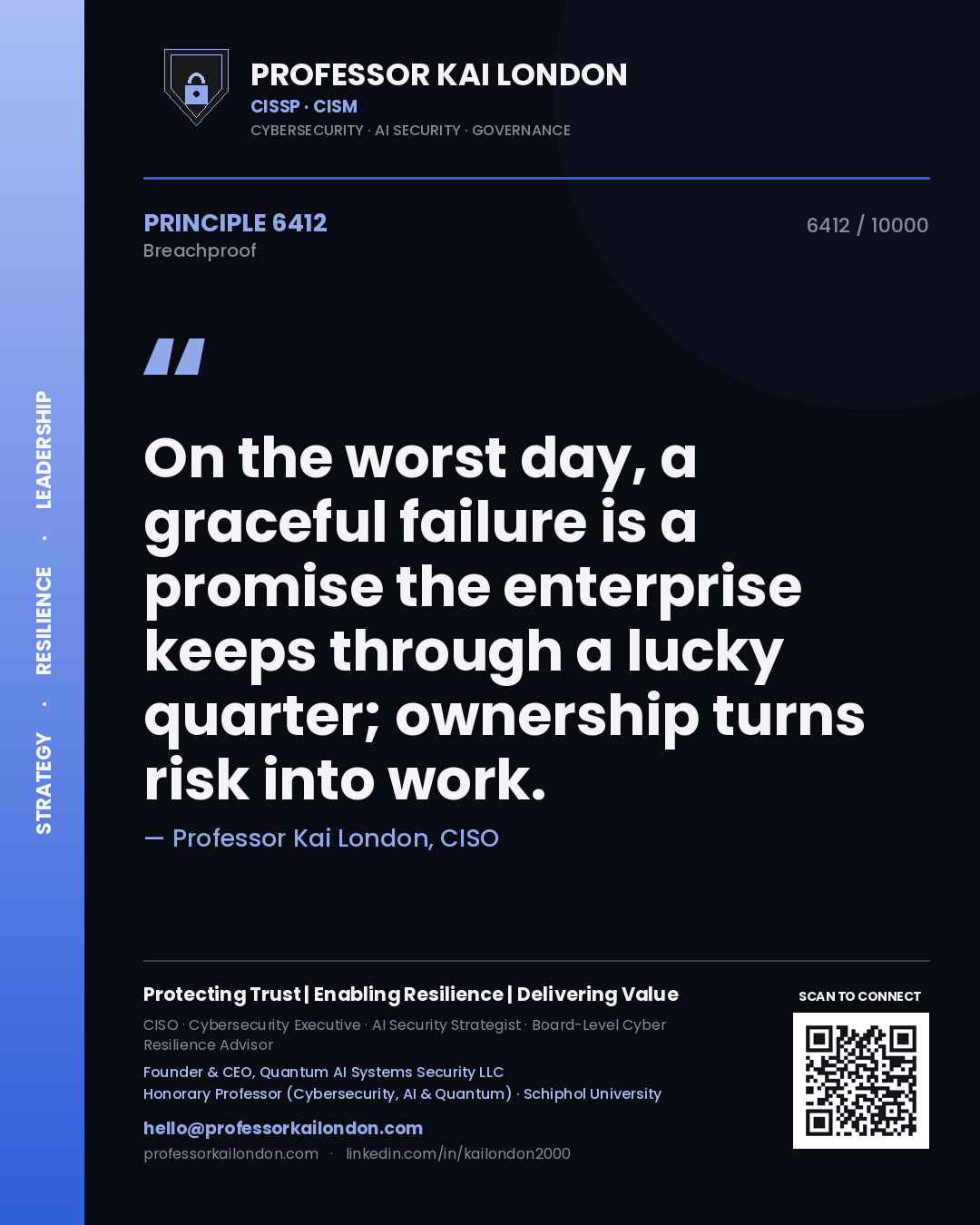 Quote card by Professor Kai London reading 'On the worst day, a graceful failure is a promise the enterprise keeps through a lucky quarter; ownership turns risk into work.'. From the book Breachproof.