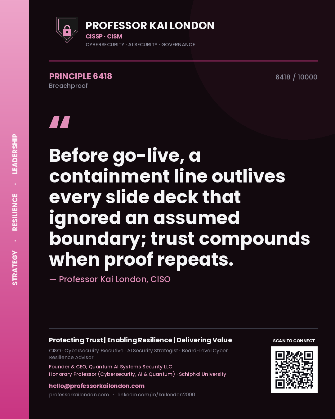 Quote card by Professor Kai London reading 'Before go-live, a containment line outlives every slide deck that ignored an assumed boundary; trust compounds when proof repeats.'. From the book Breachproof.