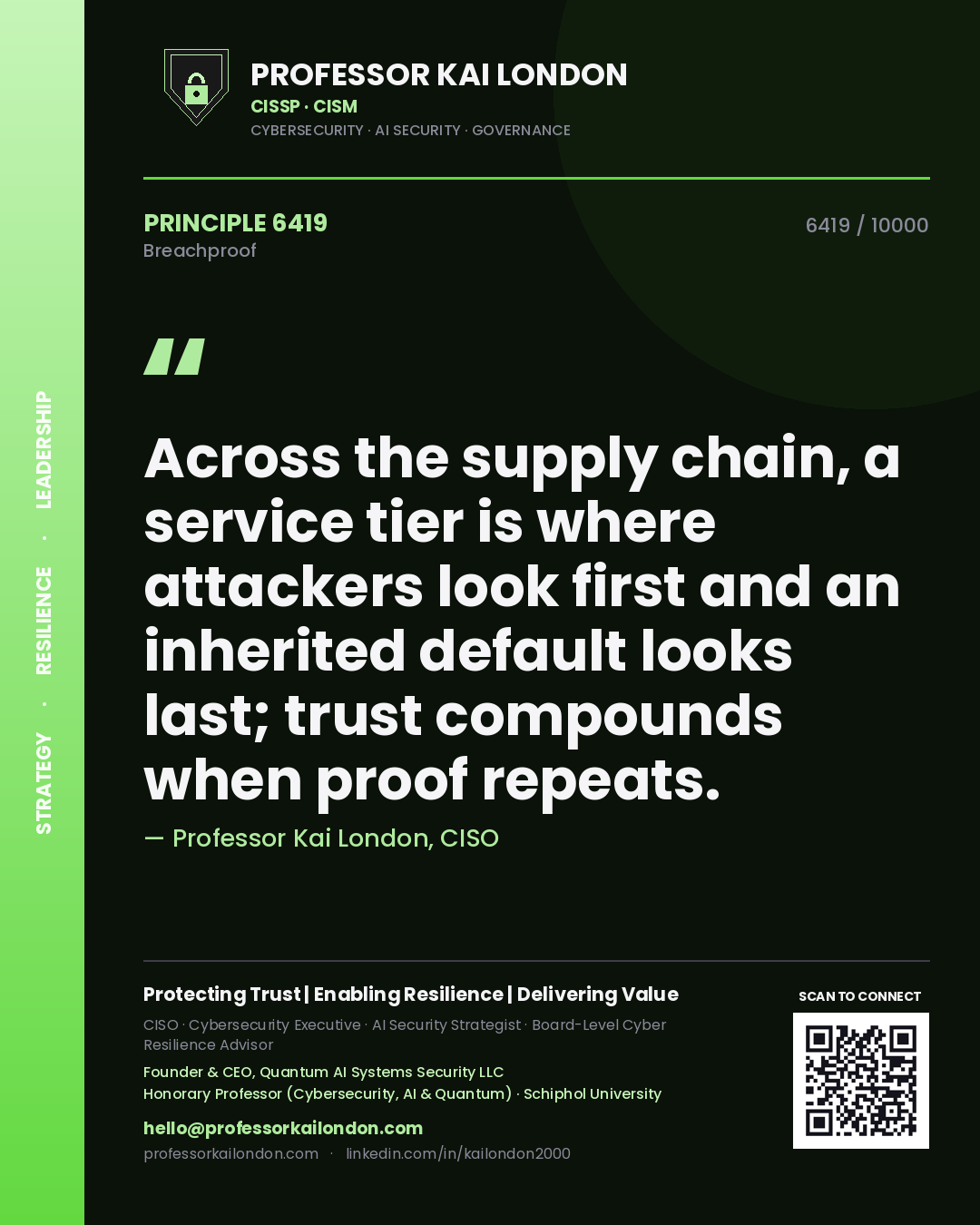 Professor Kai London principle 6419: Across the supply chain, a service tier is where attackers look first and an inherited default looks last; trust compounds when proof repeats.