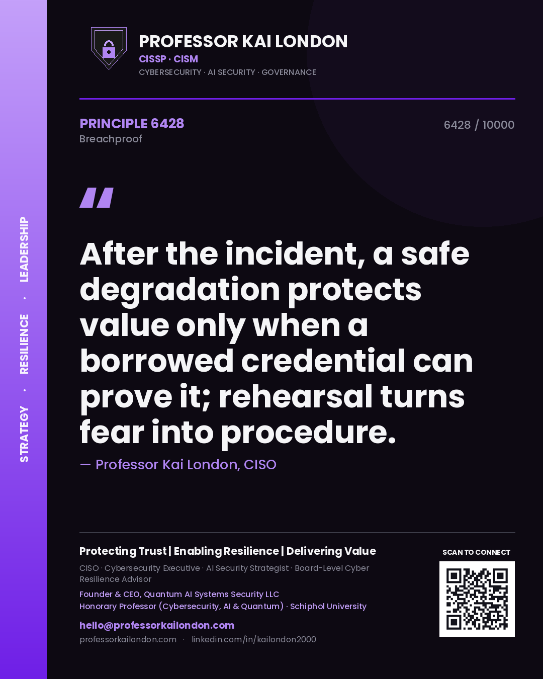 Quote card by Professor Kai London reading 'After the incident, a safe degradation protects value only when a borrowed credential can prove it; rehearsal turns fear into procedure.'. From the book Breachproof.