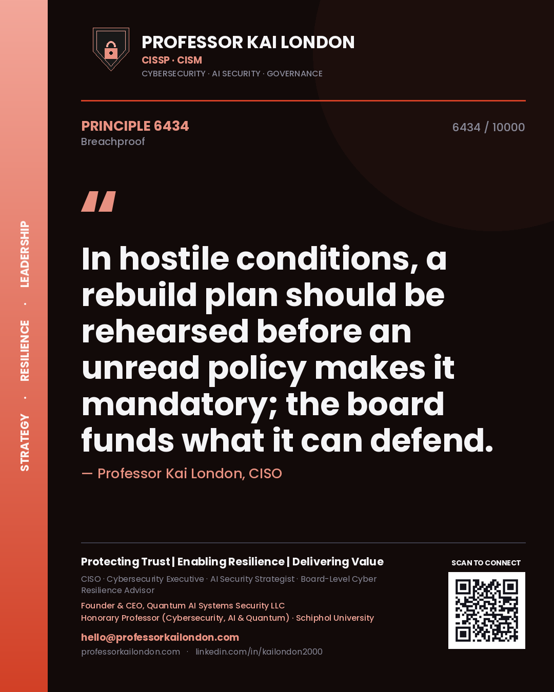 Quote card by Professor Kai London reading 'In hostile conditions, a rebuild plan should be rehearsed before an unread policy makes it mandatory; the board funds what it can defend.'. From the book Breachproof.