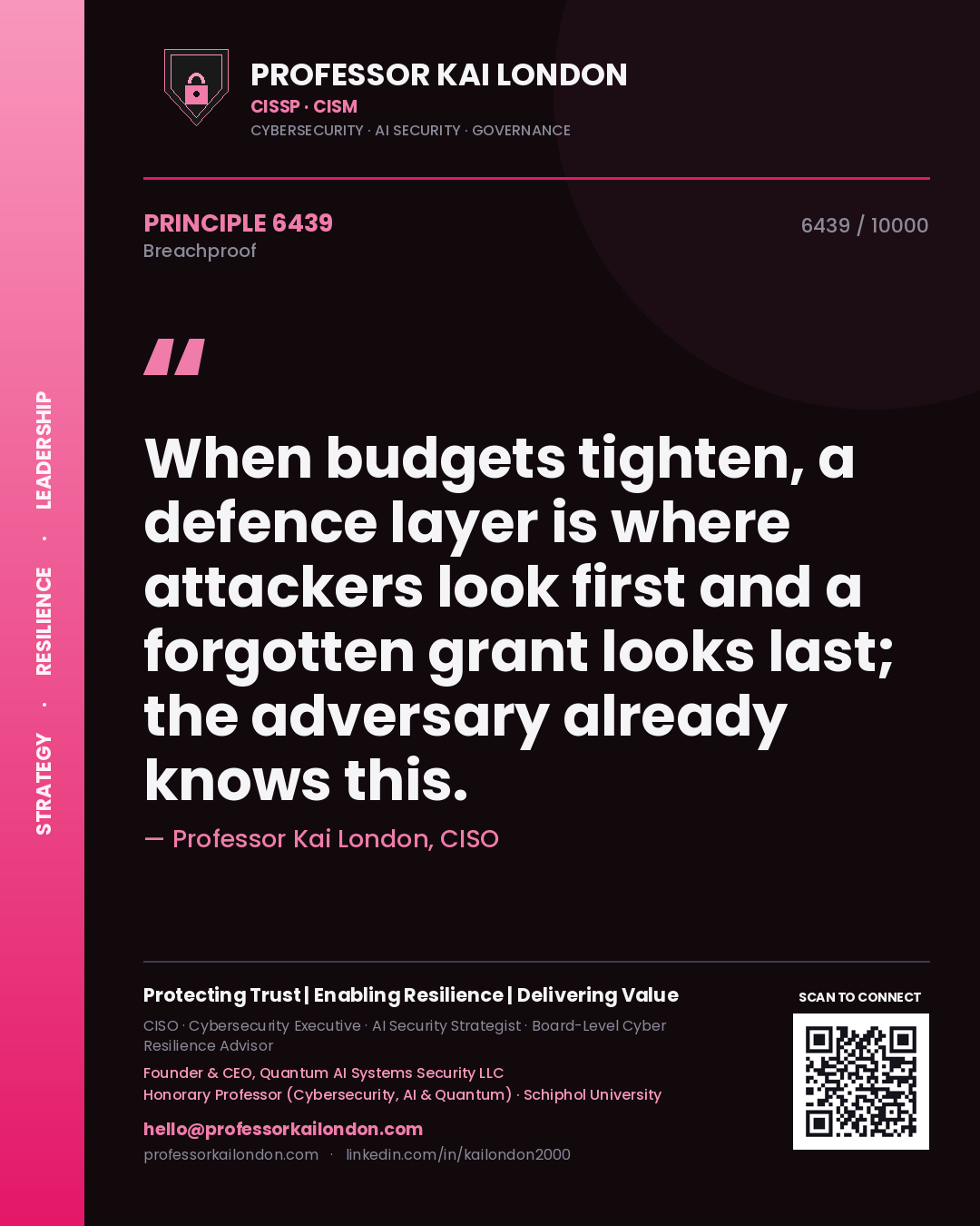 Quote card by Professor Kai London reading 'When budgets tighten, a defence layer is where attackers look first and a forgotten grant looks last; the adversary already knows this.'. From the book Breachproof.