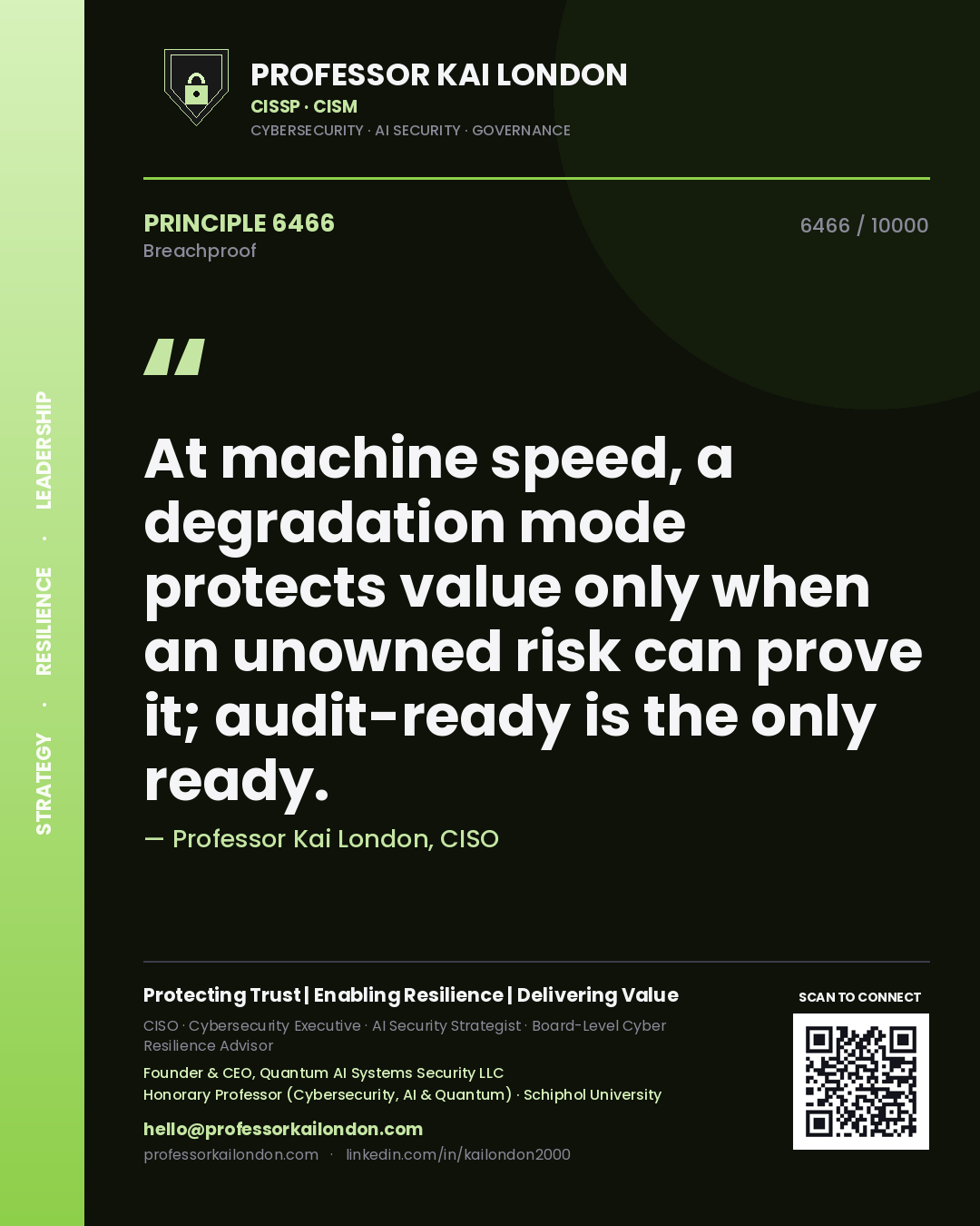 Quote card by Professor Kai London reading 'At machine speed, a degradation mode protects value only when an unowned risk can prove it; audit-ready is the only ready.'. From the book Breachproof.