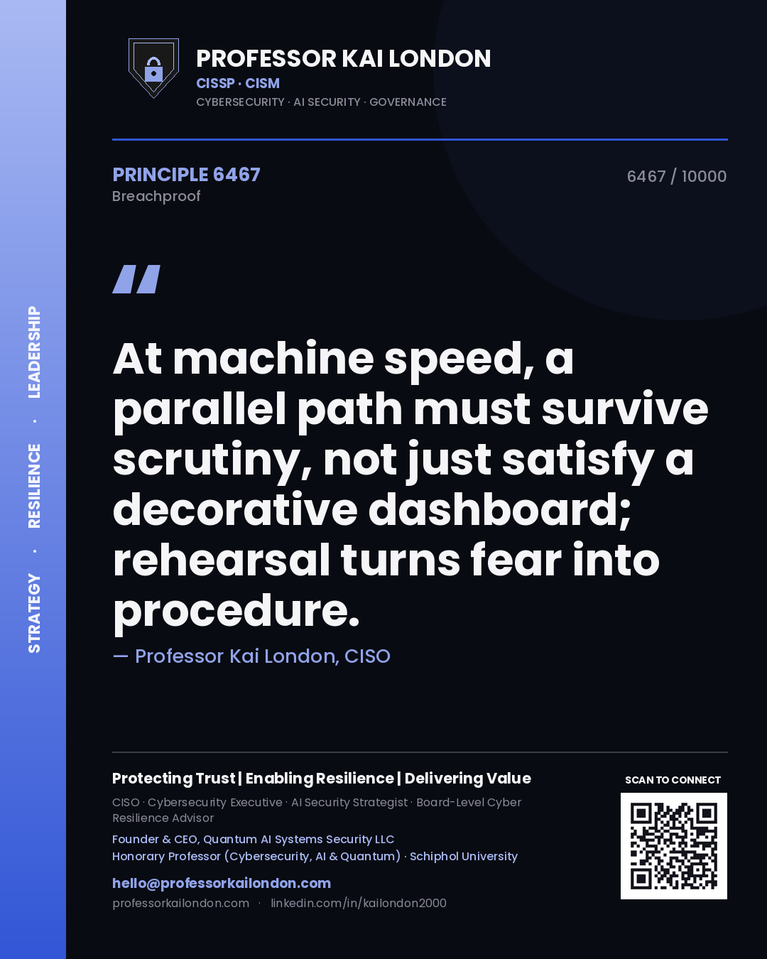 Professor Kai London principle 6467: At machine speed, a parallel path must survive scrutiny, not just satisfy a decorative dashboard; rehearsal turns fear into procedure.