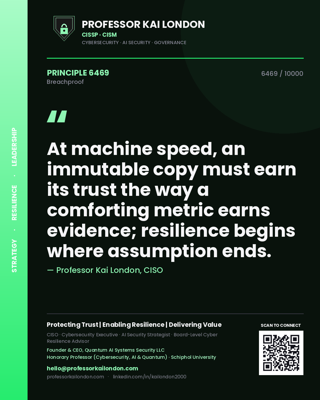 Professor Kai London principle 6469: At machine speed, an immutable copy must earn its trust the way a comforting metric earns evidence; resilience begins where assumption ends.