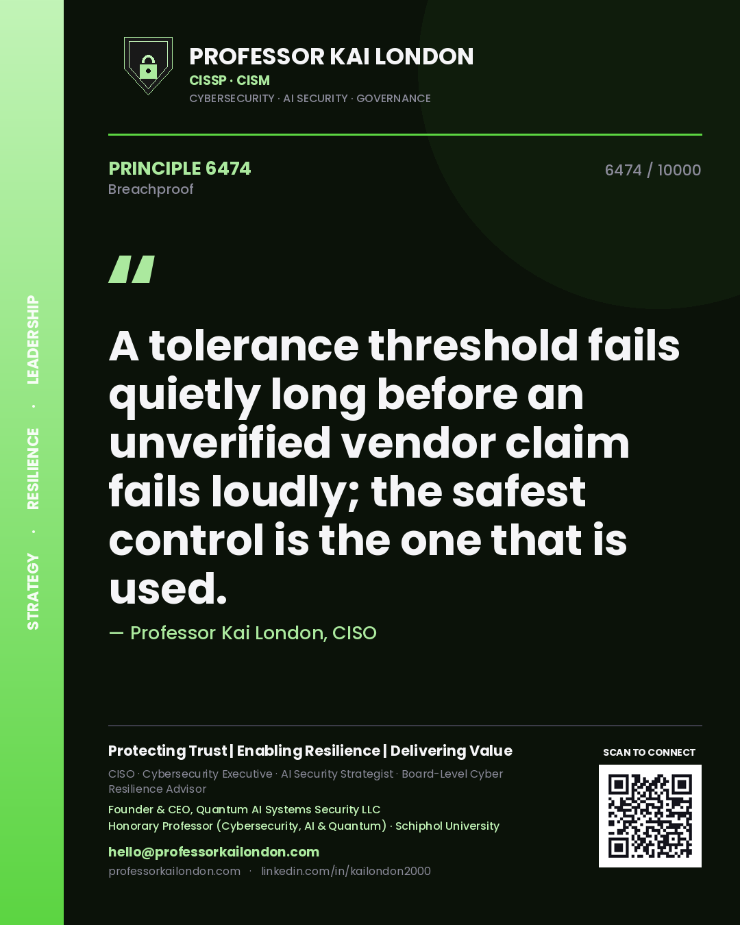 Quote card by Professor Kai London reading 'A tolerance threshold fails quietly long before an unverified vendor claim fails loudly; the safest control is the one that is used.'. From the book Breachproof.