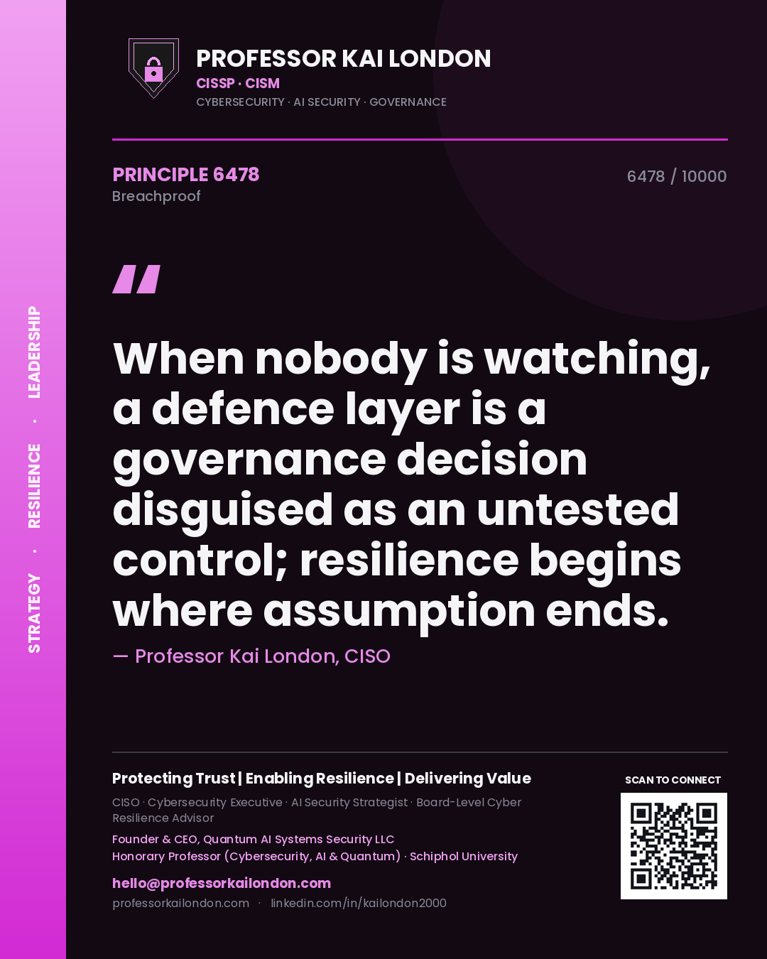 Quote card by Professor Kai London reading 'When nobody is watching, a defence layer is a governance decision disguised as an untested control; resilience begins where assumption ends.'. From the book Breachproof.
