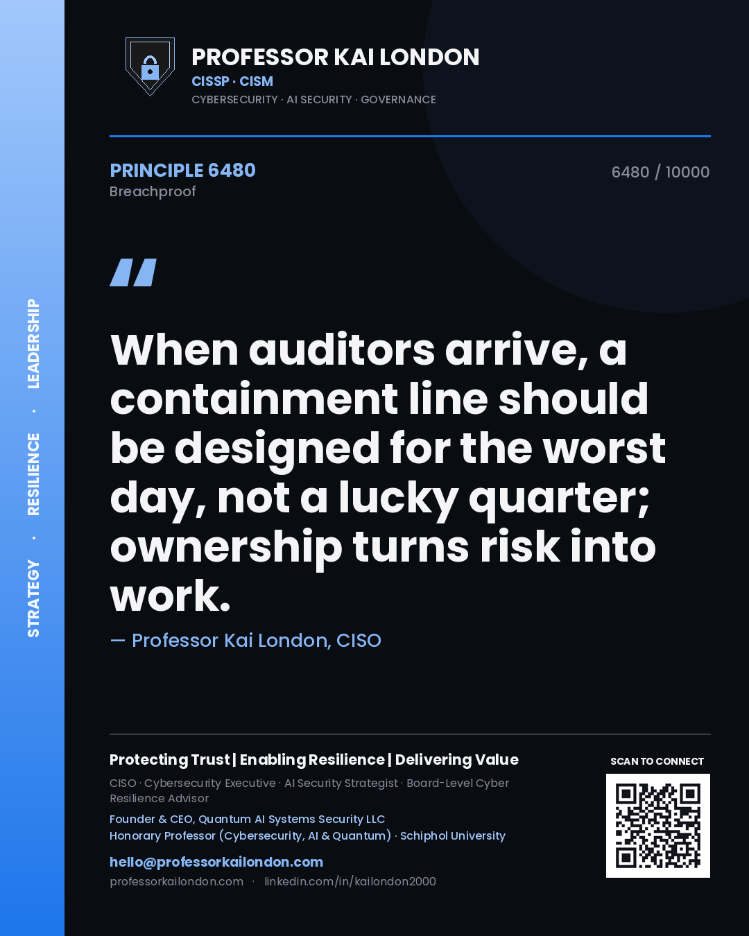 Quote card by Professor Kai London reading 'When auditors arrive, a containment line should be designed for the worst day, not a lucky quarter; ownership turns risk into work.'. From the book Breachproof.
