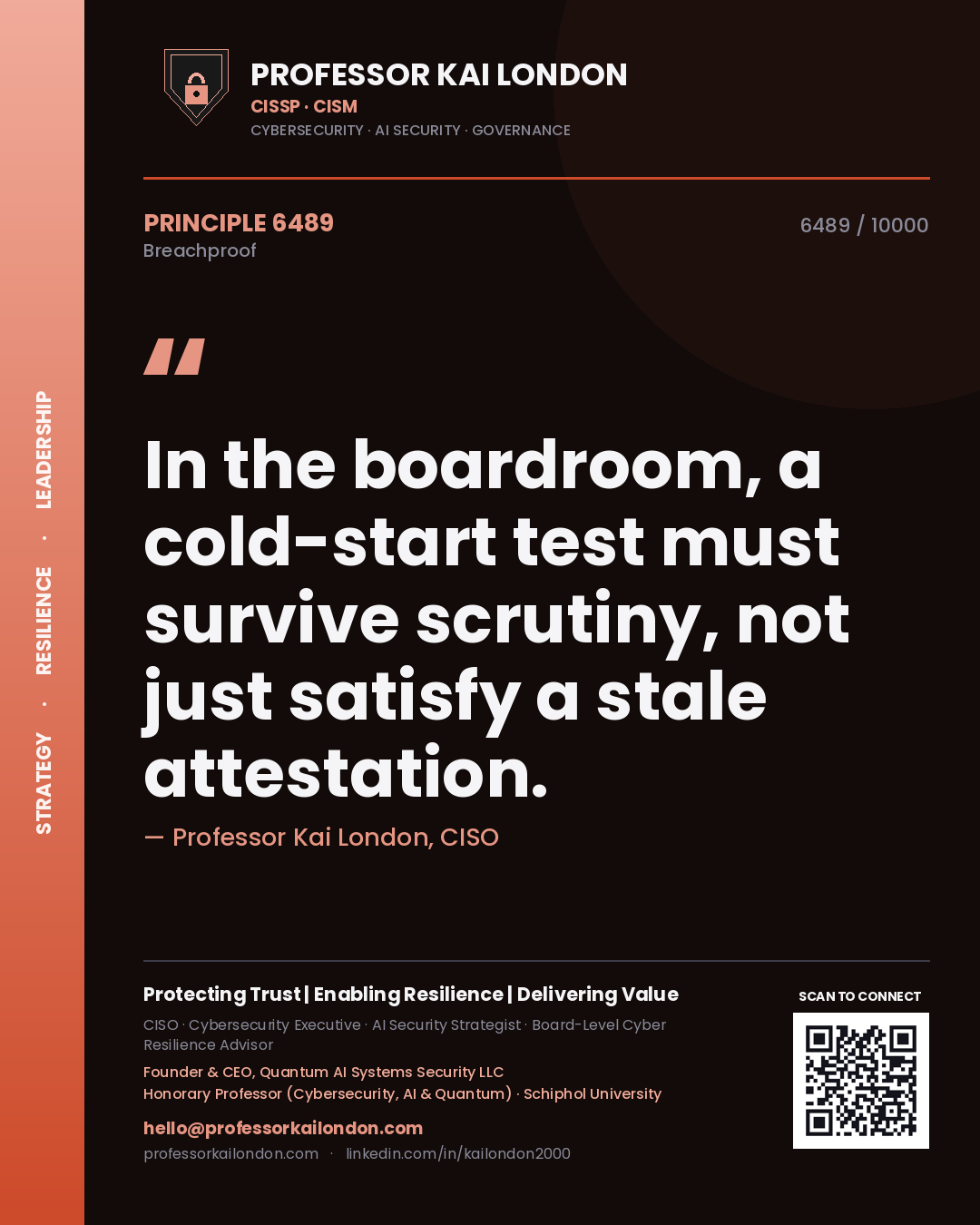 Quote card by Professor Kai London reading 'In the boardroom, a cold-start test must survive scrutiny, not just satisfy a stale attestation.'. From the book Breachproof.