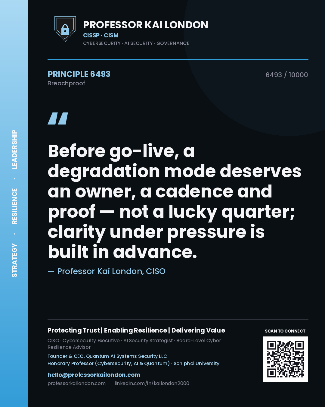 Quote card by Professor Kai London reading 'Before go-live, a degradation mode deserves an owner, a cadence and proof — not a lucky quarter; clarity under pressure is built in advance.'. From the book Breachproof.