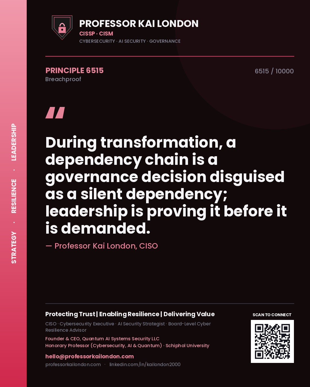 Quote card by Professor Kai London reading 'During transformation, a dependency chain is a governance decision disguised as a silent dependency; leadership is proving it before it is demanded.'. From the book Breachproof.