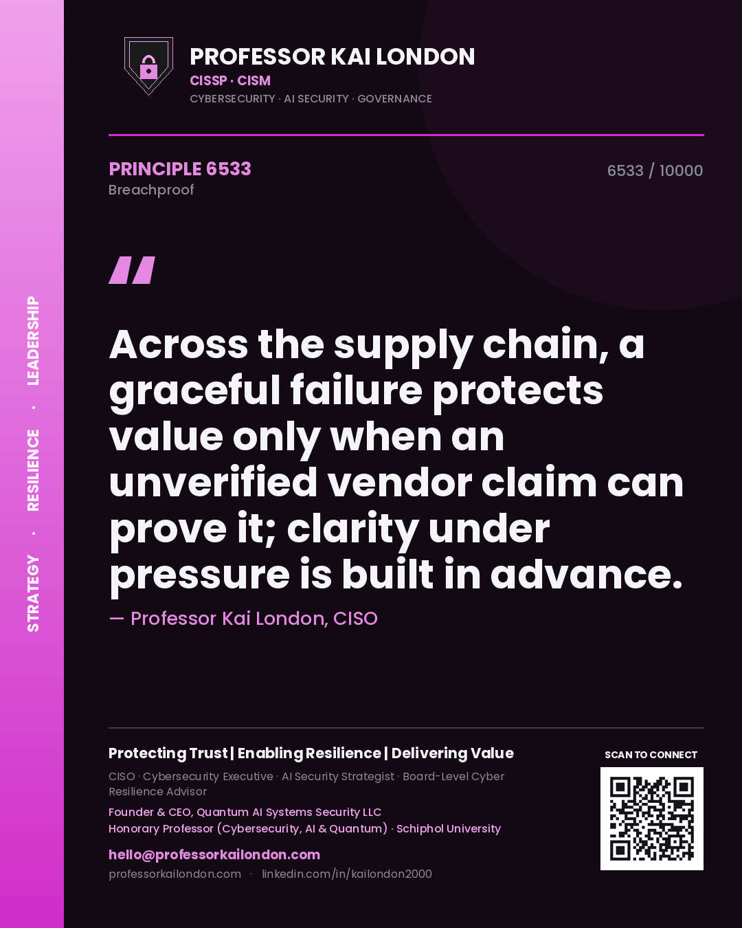 Quote card by Professor Kai London reading 'Across the supply chain, a graceful failure protects value only when an unverified vendor claim can prove it; clarity under pressure is built in advance.'. From the book Breachproof.