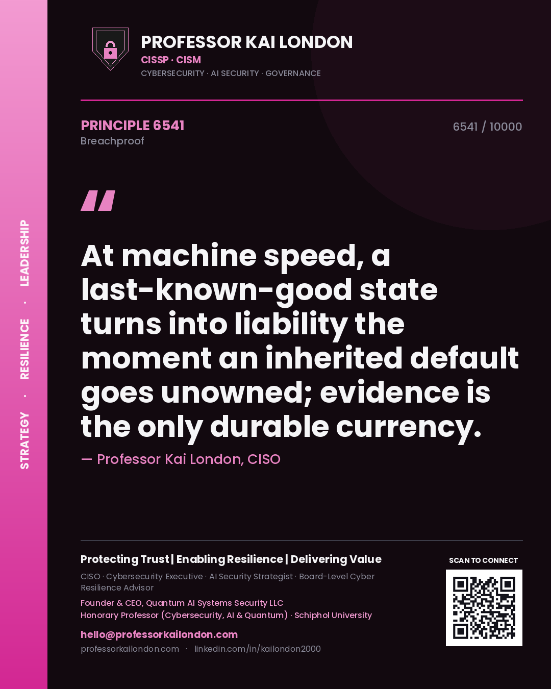 Quote card by Professor Kai London reading 'At machine speed, a last-known-good state turns into liability the moment an inherited default goes unowned; evidence is the only durable currency.'. From the book Breachproof.
