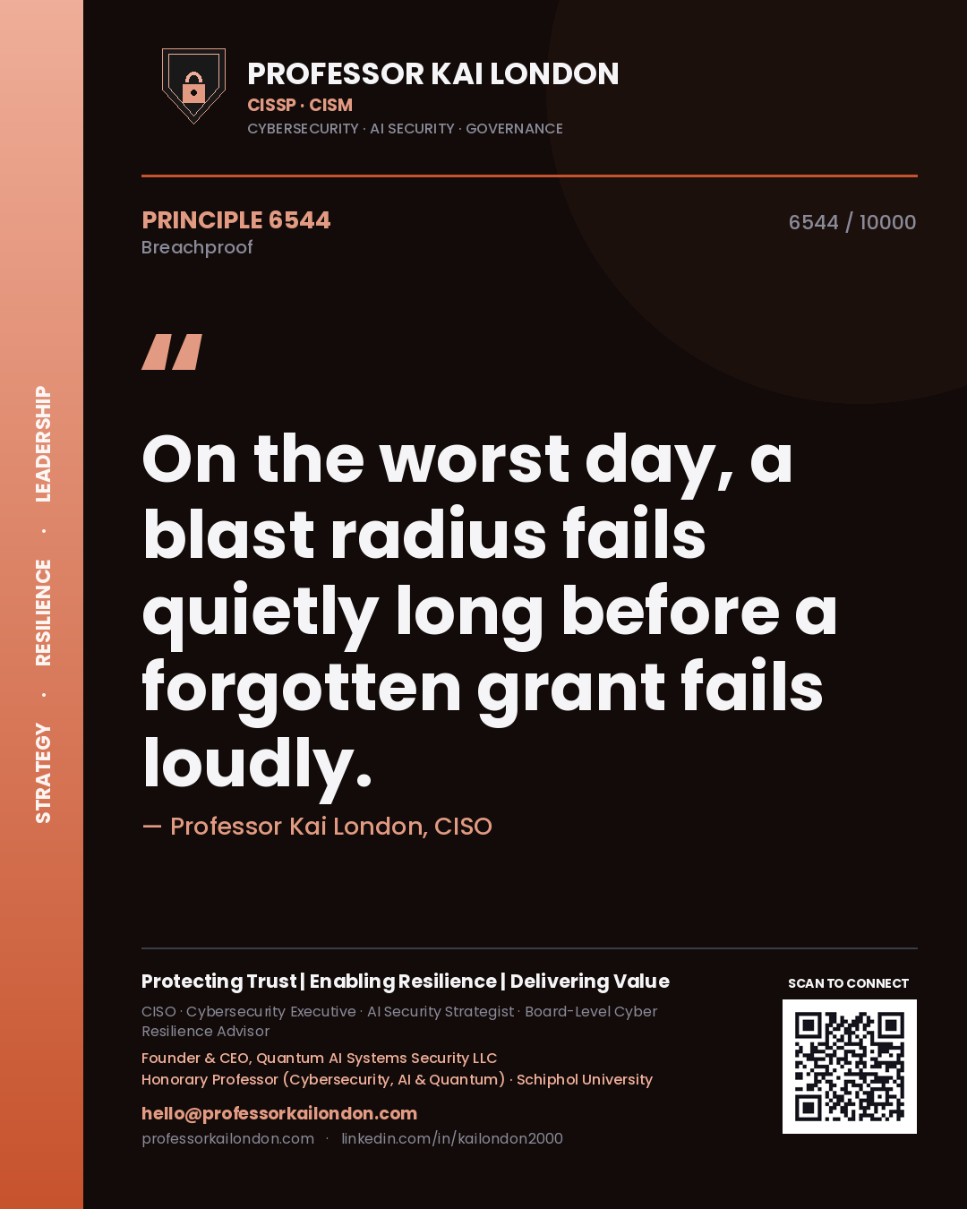 Quote card by Professor Kai London reading 'On the worst day, a blast radius fails quietly long before a forgotten grant fails loudly.'. From the book Breachproof.