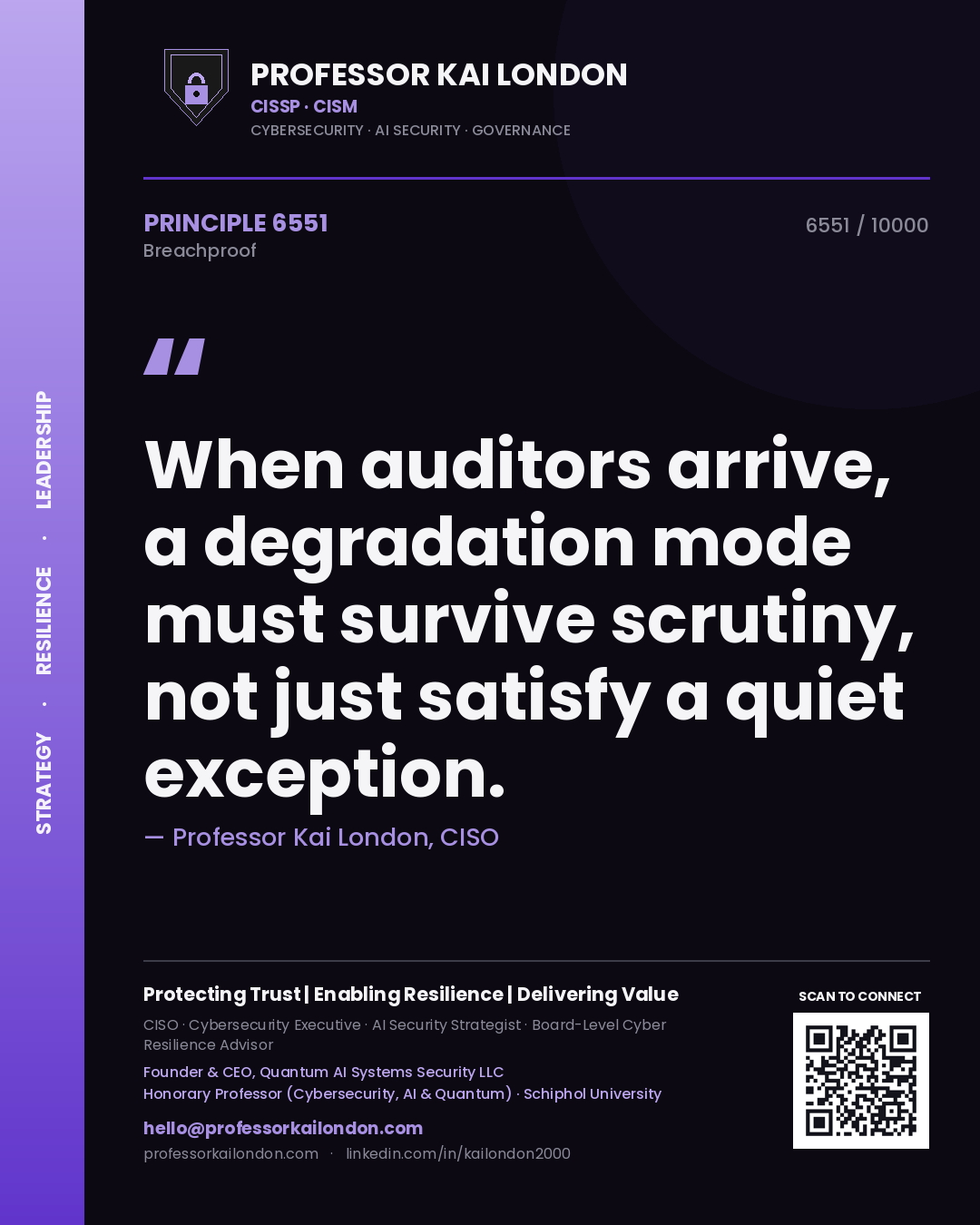 Quote card by Professor Kai London reading 'When auditors arrive, a degradation mode must survive scrutiny, not just satisfy a quiet exception.'. From the book Breachproof.