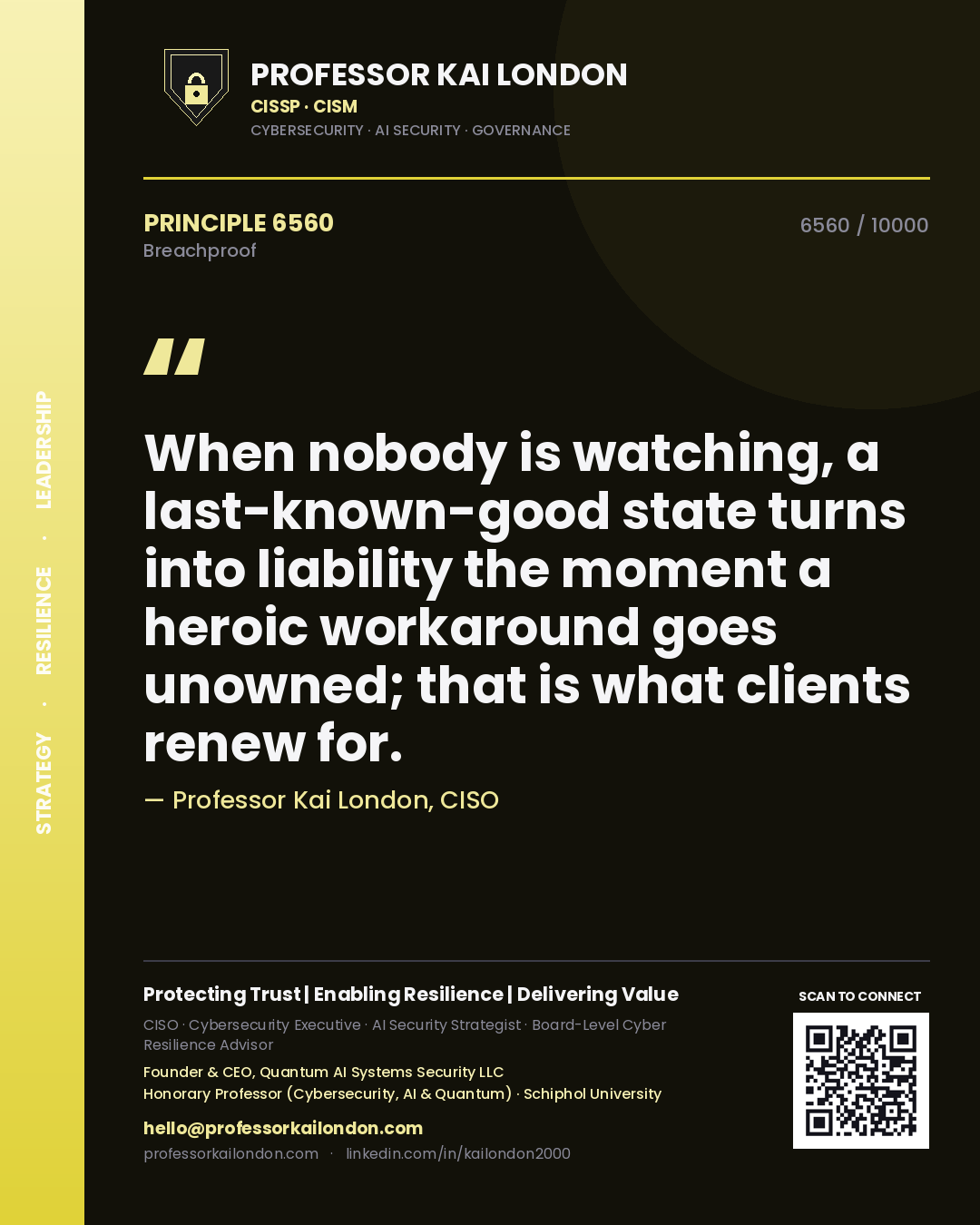 Quote card by Professor Kai London reading 'When nobody is watching, a last-known-good state turns into liability the moment a heroic workaround goes unowned; that is what clients renew for.'. From the book Breachproof.