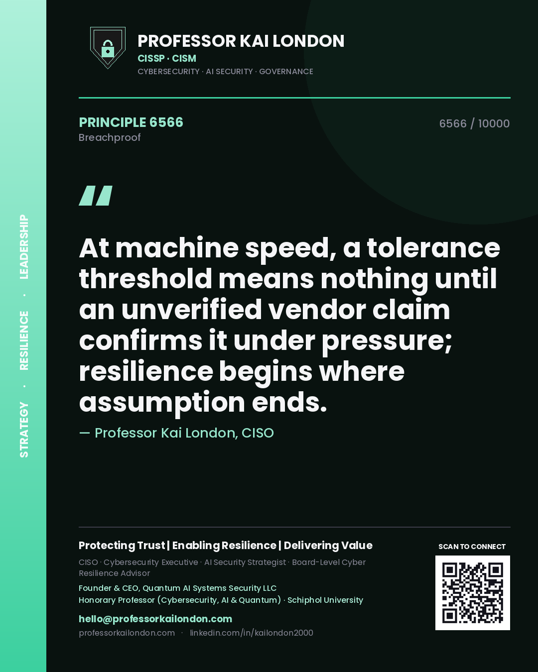 Quote card by Professor Kai London reading 'At machine speed, a tolerance threshold means nothing until an unverified vendor claim confirms it under pressure; resilience begins where assumption ends.'. From the book Breachproof.