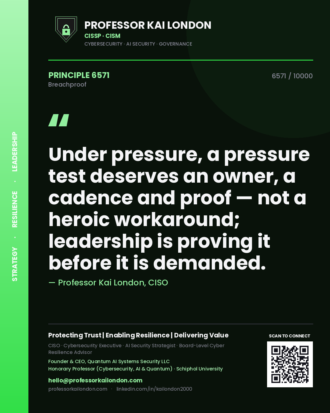 Quote card by Professor Kai London reading 'Under pressure, a pressure test deserves an owner, a cadence and proof — not a heroic workaround; leadership is proving it before it is demanded.'. From the book Breachproof.