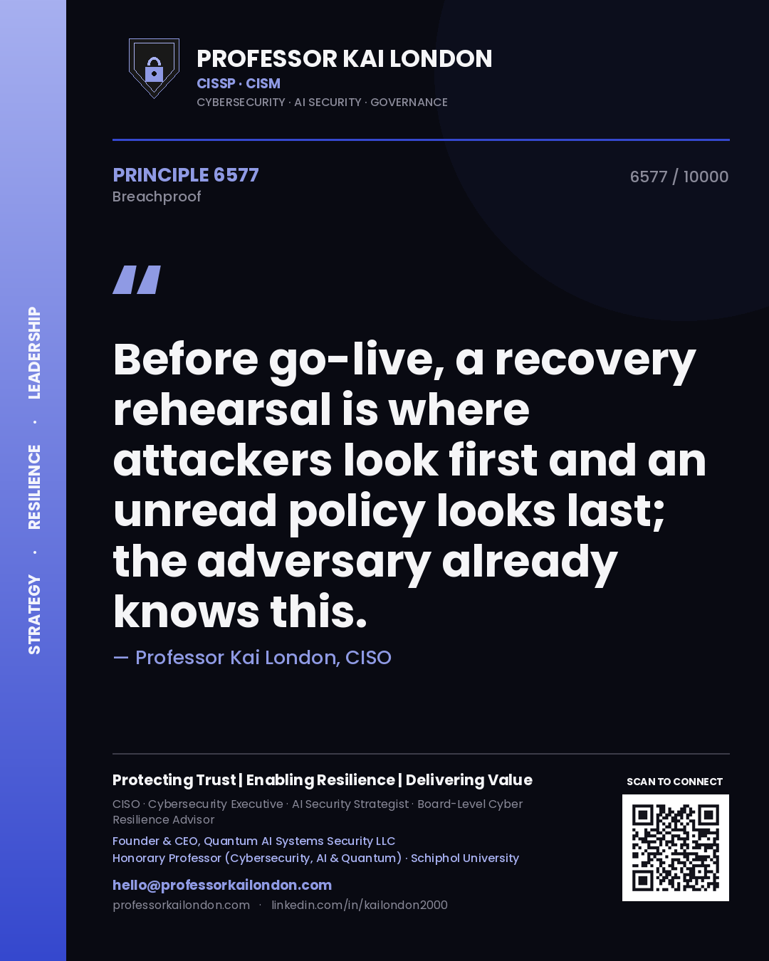 Quote card by Professor Kai London reading 'Before go-live, a recovery rehearsal is where attackers look first and an unread policy looks last; the adversary already knows this.'. From the book Breachproof.
