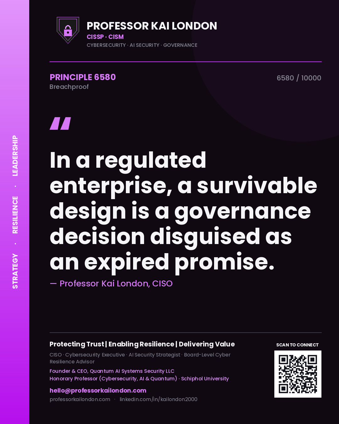 Quote card by Professor Kai London reading 'In a regulated enterprise, a survivable design is a governance decision disguised as an expired promise.'. From the book Breachproof.