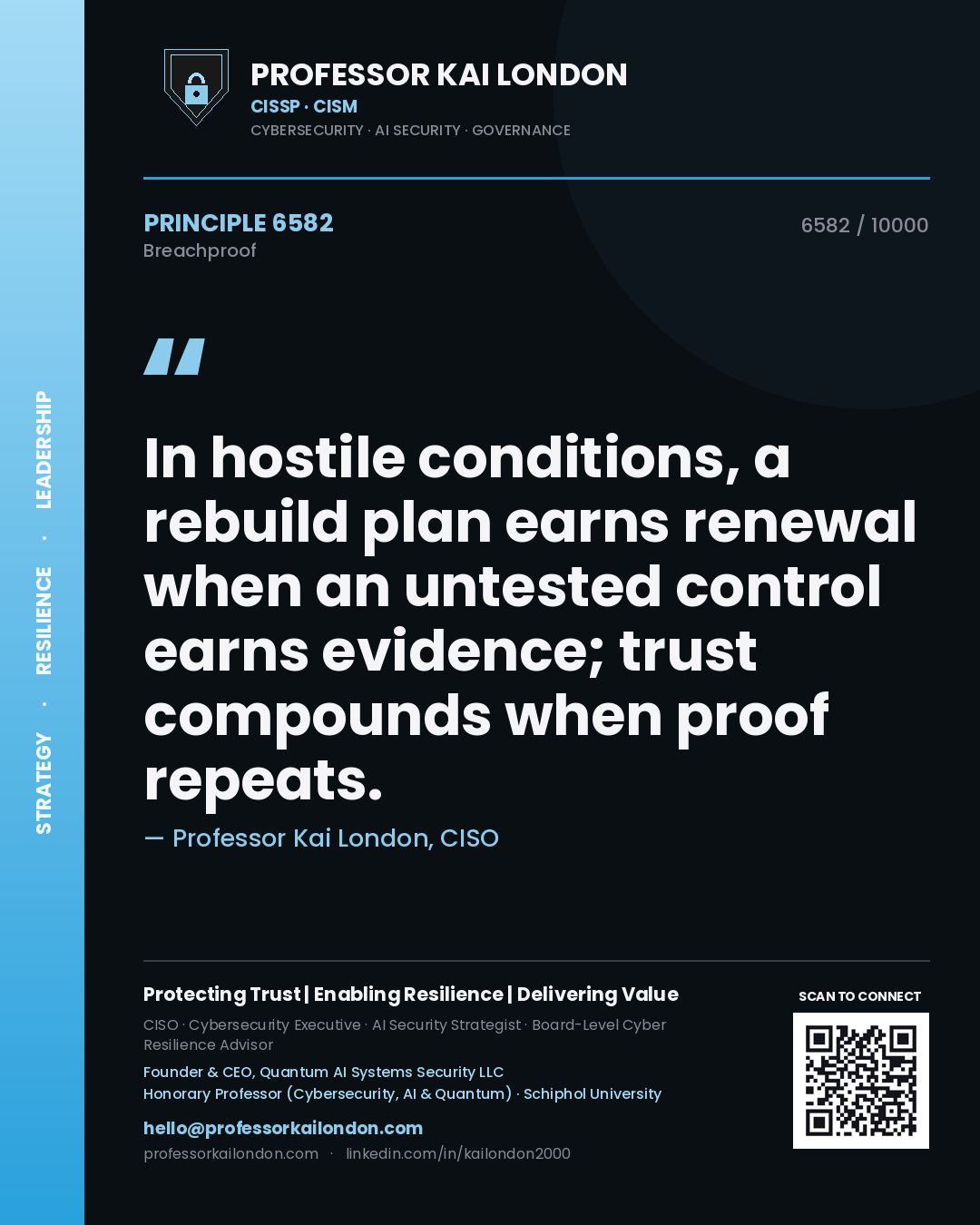 Professor Kai London principle 6582: In hostile conditions, a rebuild plan earns renewal when an untested control earns evidence; trust compounds when proof repeats.