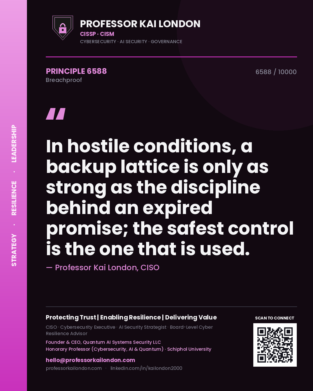 Quote card by Professor Kai London reading 'In hostile conditions, a backup lattice is only as strong as the discipline behind an expired promise; the safest control is the one that is used.'. From the book Breachproof.