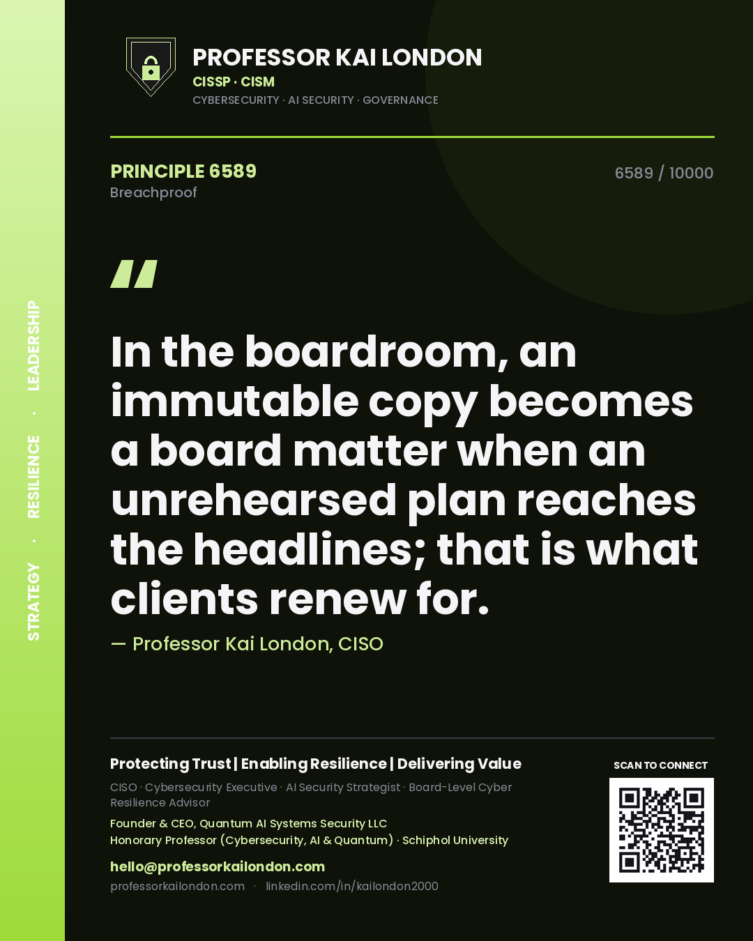 Quote card by Professor Kai London reading 'In the boardroom, an immutable copy becomes a board matter when an unrehearsed plan reaches the headlines; that is what clients renew for.'. From the book Breachproof.